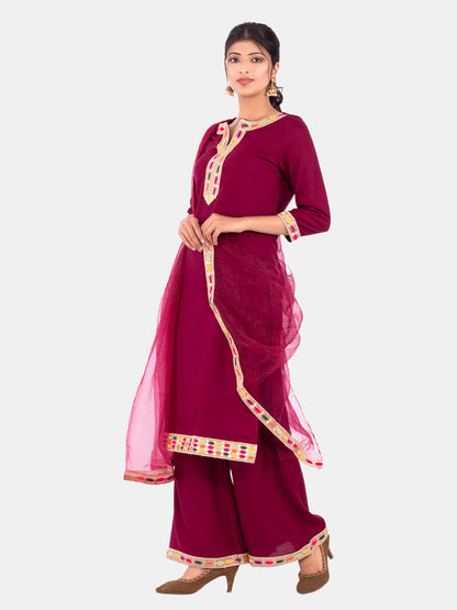 Golden kite Women's Rayon Solid Key Hole Neck Full Length Kurti Palazao and Dupatta Set With Embellished Lace Detail