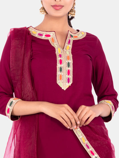 Golden kite Women's Rayon Solid Key Hole Neck Full Length Kurti Palazao and Dupatta Set With Embellished Lace Detail