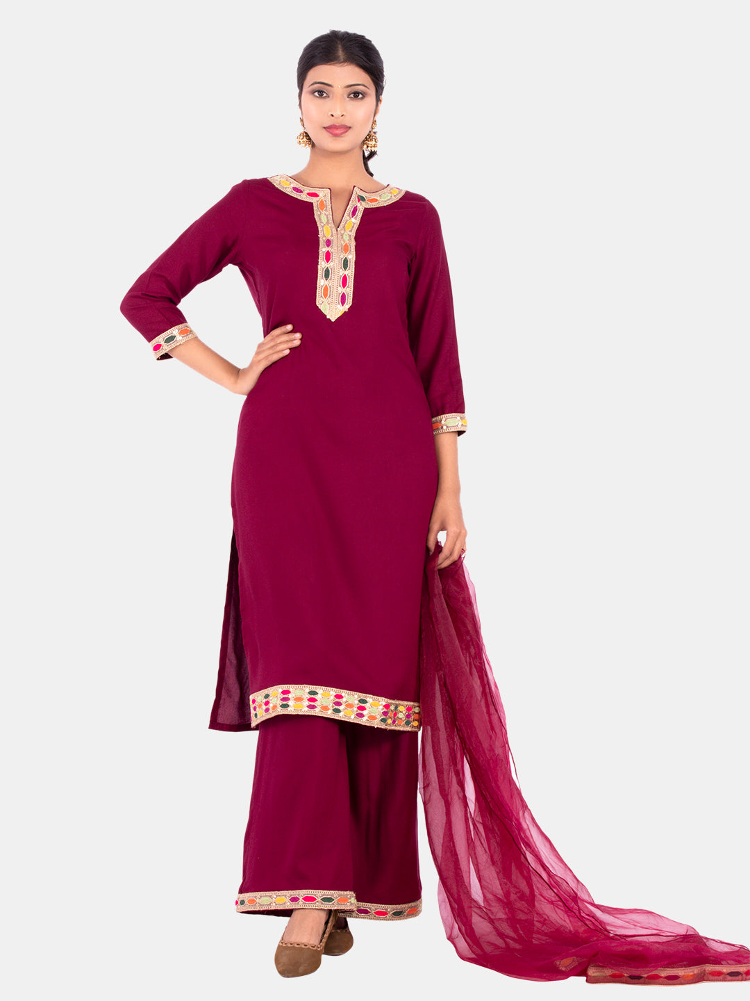 Golden kite Women's Rayon Solid Key Hole Neck Full Length Kurti Palazao and Dupatta Set With Embellished Lace Detail