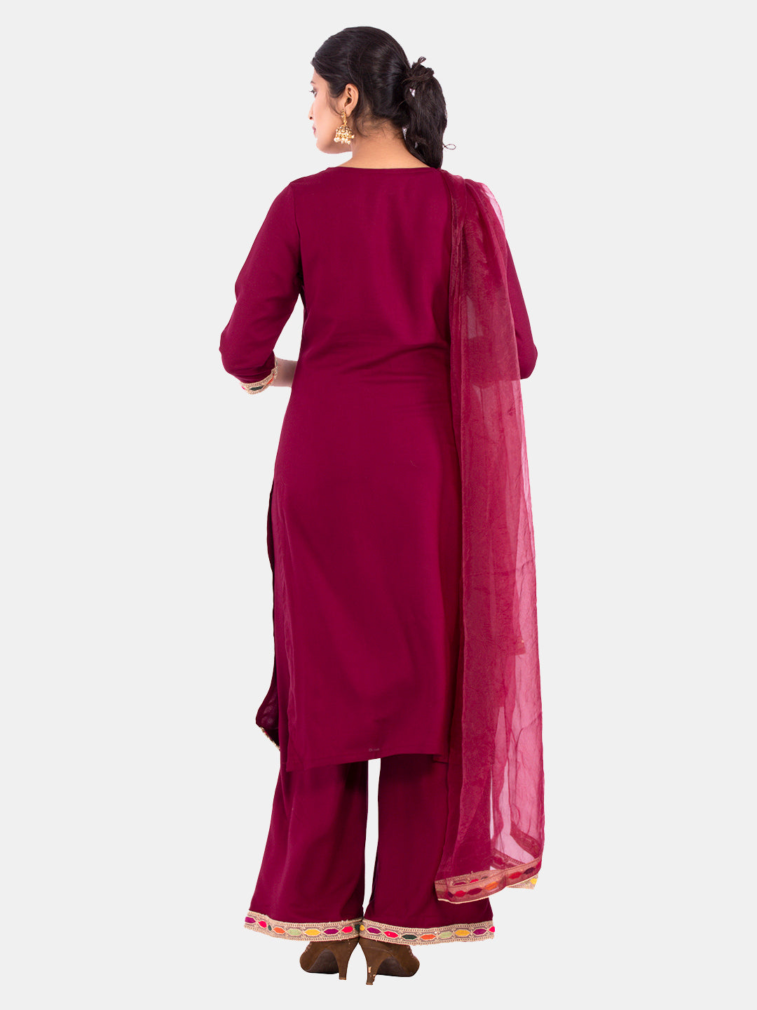 Golden kite Women's Rayon Solid Key Hole Neck Full Length Kurti Palazao and Dupatta Set With Embellished Lace Detail