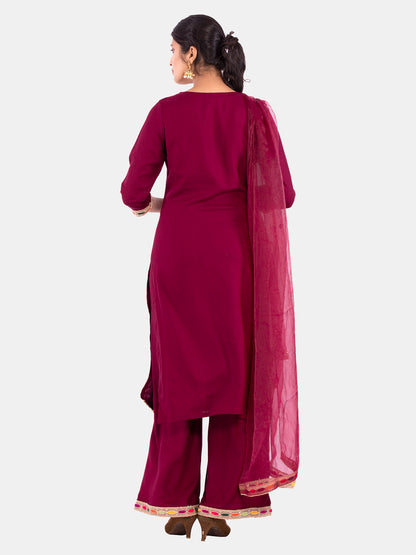 Golden kite Women's Rayon Solid Key Hole Neck Full Length Kurti Palazao and Dupatta Set With Embellished Lace Detail