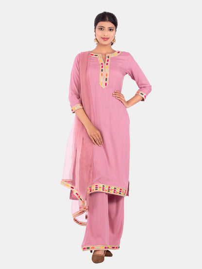 Golden kite Women's Rayon Solid Key Hole Neck Full Length Kurti Palazao and Dupatta Set With Embellished Lace Detail