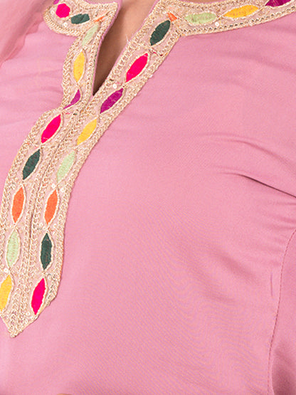 Golden kite Women's Rayon Solid Key Hole Neck Full Length Kurti Palazao and Dupatta Set With Embellished Lace Detail