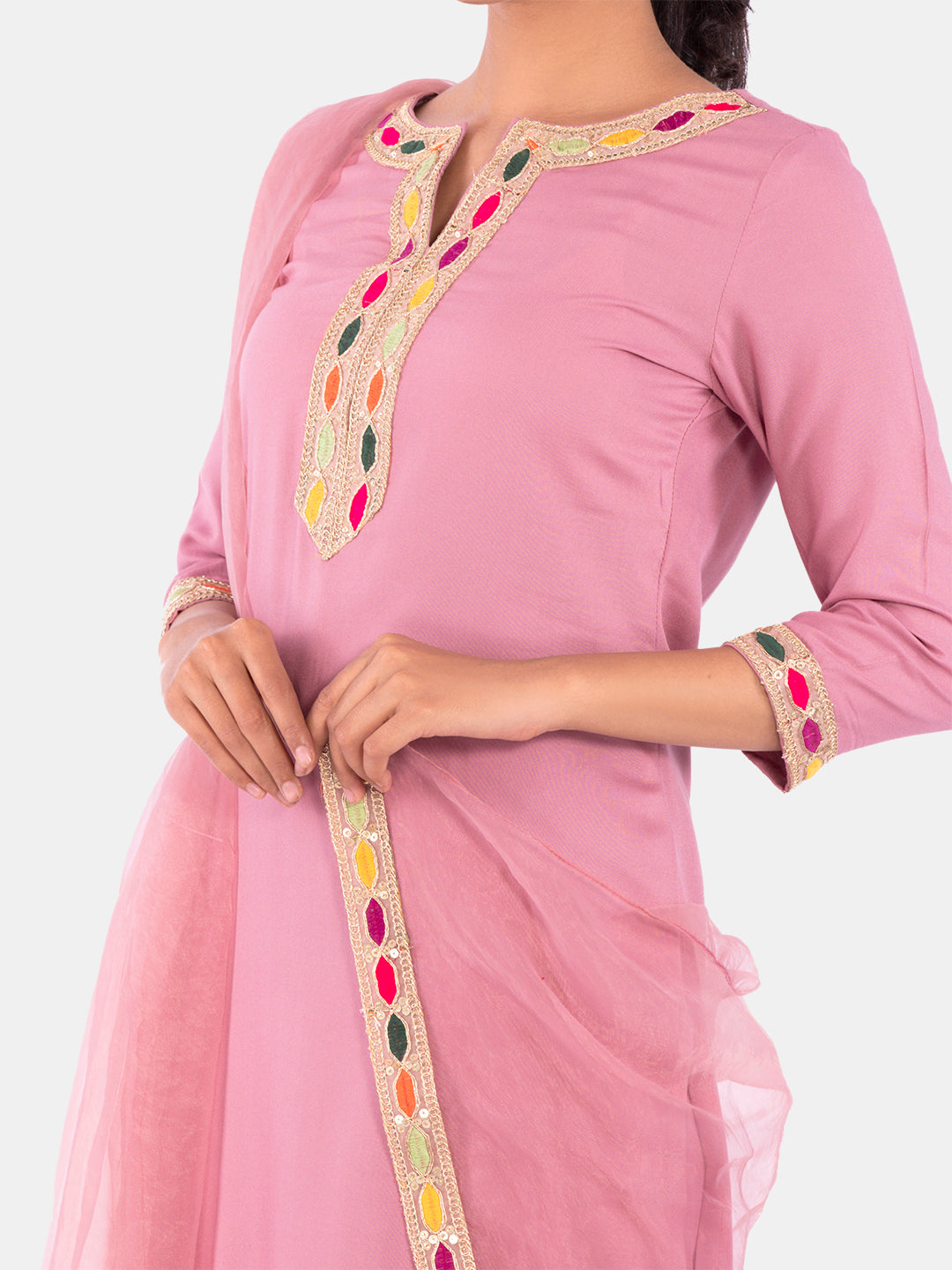 Golden kite Women's Rayon Solid Key Hole Neck Full Length Kurti Palazao and Dupatta Set With Embellished Lace Detail