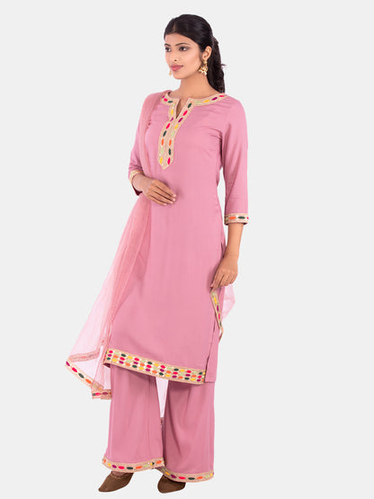 Golden kite Women's Rayon Solid Key Hole Neck Full Length Kurti Palazao and Dupatta Set With Embellished Lace Detail