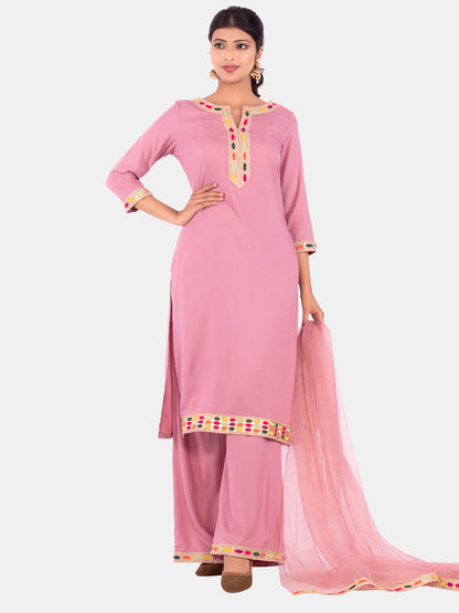 Golden kite Women's Rayon Solid Key Hole Neck Full Length Kurti Palazao and Dupatta Set With Embellished Lace Detail