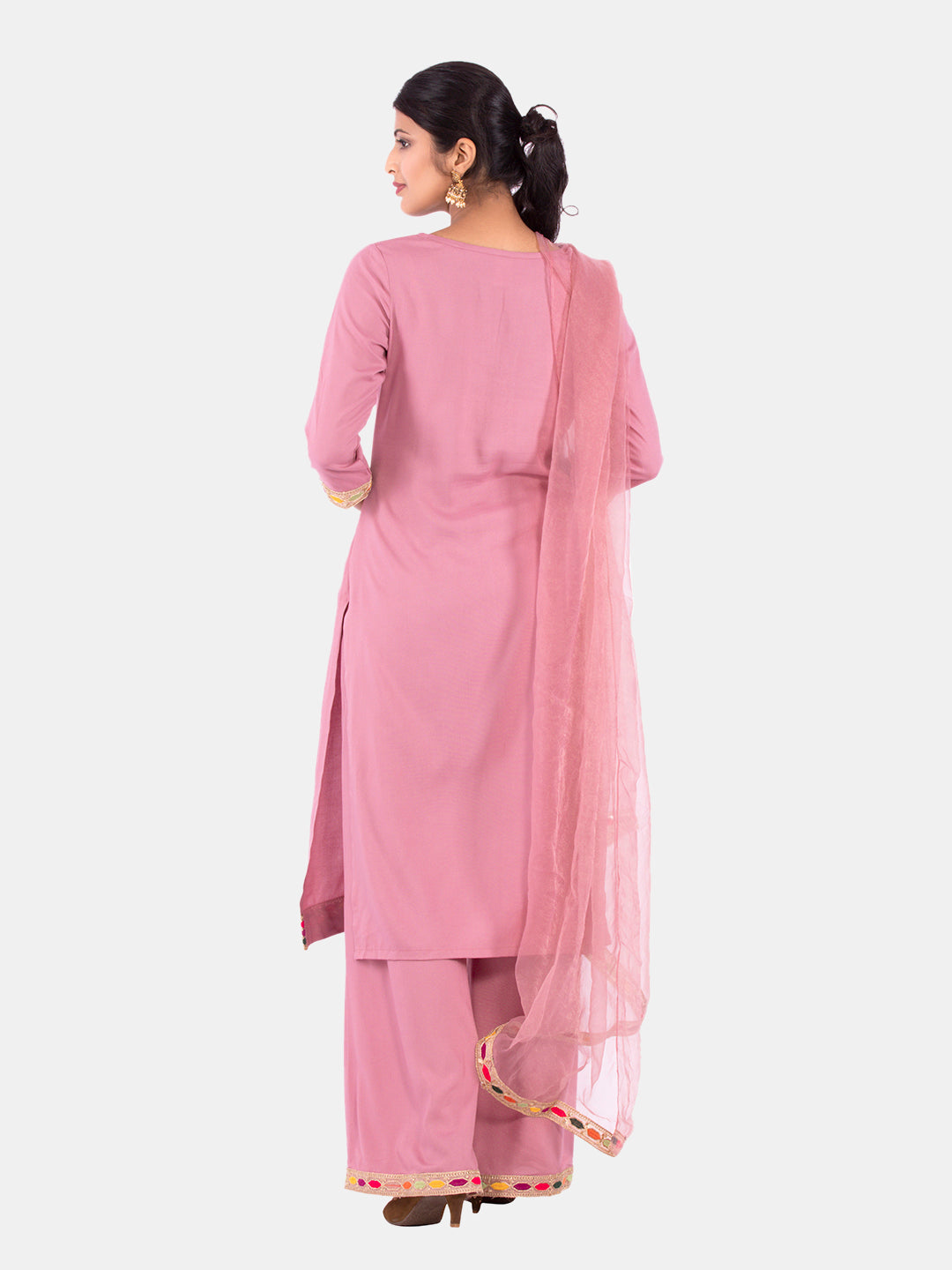 Golden kite Women's Rayon Solid Key Hole Neck Full Length Kurti Palazao and Dupatta Set With Embellished Lace Detail