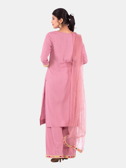 Golden kite Women's Rayon Solid Key Hole Neck Full Length Kurti Palazao and Dupatta Set With Embellished Lace Detail