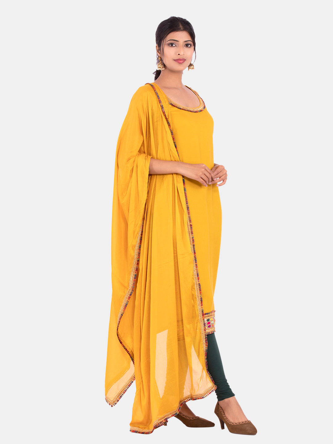 Golden kite Women's Rayon Solid Key Hole Neck Full Length Kurti Palazao and Dupatta Set With Embellished Lace Detail