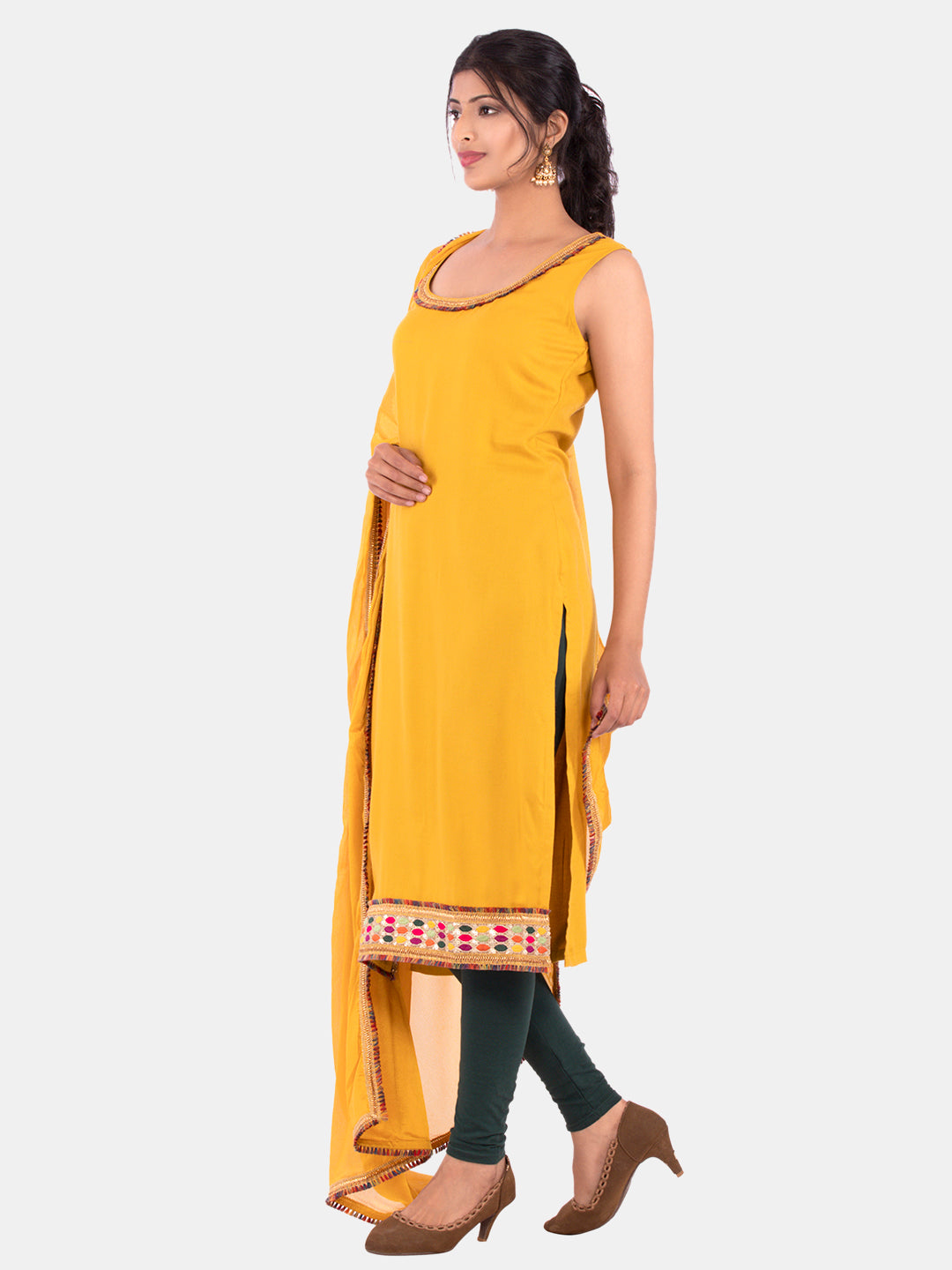 Golden kite Women's Rayon Solid Key Hole Neck Full Length Kurti Palazao and Dupatta Set With Embellished Lace Detail