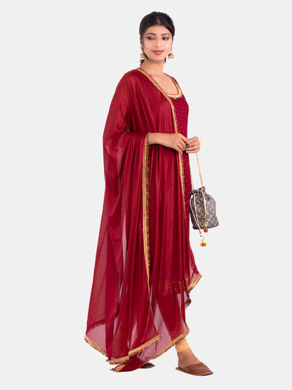 Golden kite Women's Rayon Solid Key Hole Neck Full Length Kurti Palazao and Dupatta Set With Embellished Lace Detail