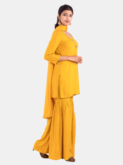 Golden kite Women's Rayon Solid Key Hole Neck Full Length Kurti Palazao and Dupatta Set With Embellished Lace Detail