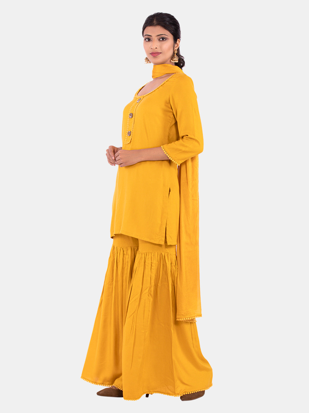 Golden kite Women's Rayon Solid Key Hole Neck Full Length Kurti Palazao and Dupatta Set With Embellished Lace Detail
