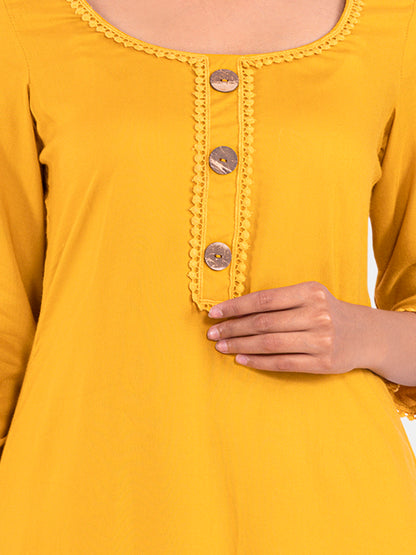 Golden kite Women's Rayon Solid Key Hole Neck Full Length Kurti Palazao and Dupatta Set With Embellished Lace Detail