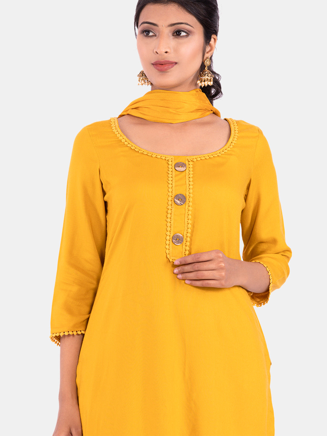 Golden kite Women's Rayon Solid Key Hole Neck Full Length Kurti Palazao and Dupatta Set With Embellished Lace Detail