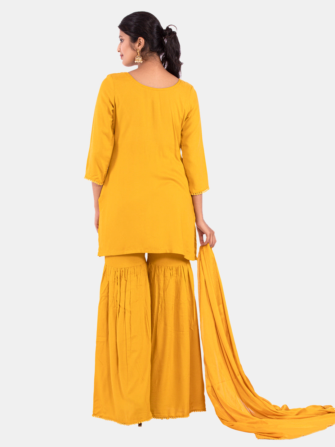 Golden kite Women's Rayon Solid Key Hole Neck Full Length Kurti Palazao and Dupatta Set With Embellished Lace Detail