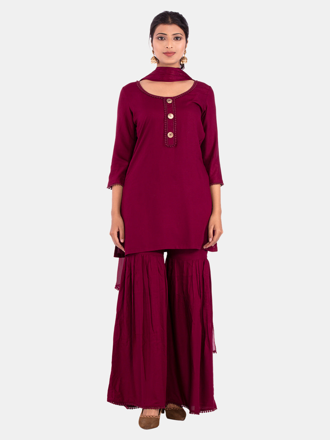 Golden kite Women's Rayon Solid Key Hole Neck Full Length Kurti Palazao and Dupatta Set With Embellished Lace Detail