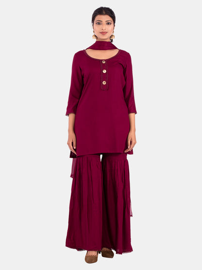 Golden kite Women's Rayon Solid Key Hole Neck Full Length Kurti Palazao and Dupatta Set With Embellished Lace Detail