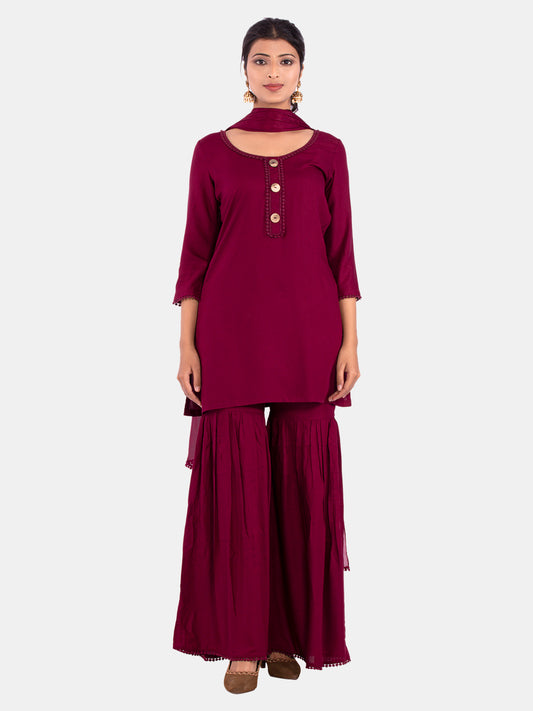 Golden kite Women's Rayon Solid Key Hole Neck Full Length Kurti Palazao and Dupatta Set With Embellished Lace Detail