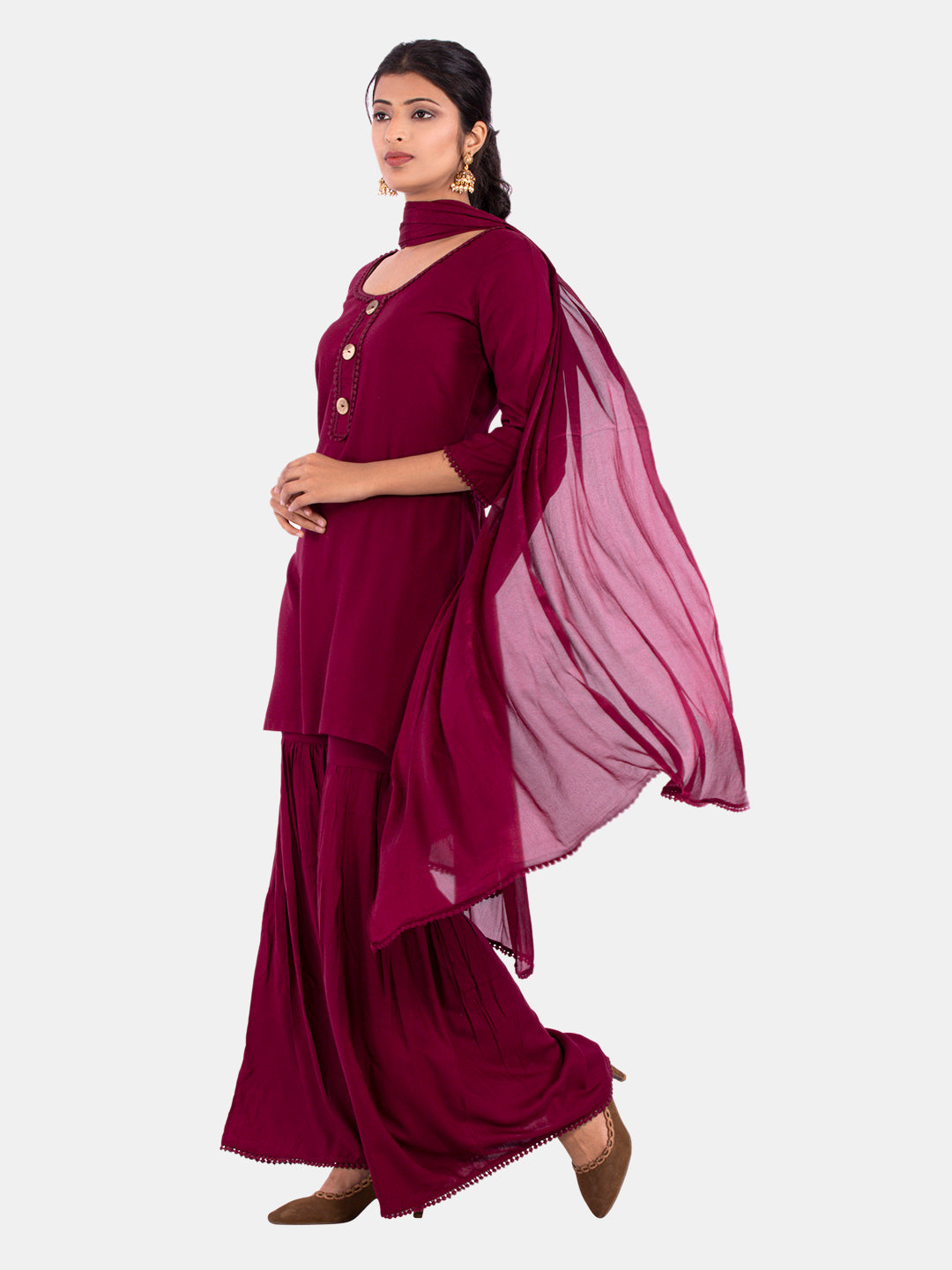 Golden kite Women's Rayon Solid Key Hole Neck Full Length Kurti Palazao and Dupatta Set With Embellished Lace Detail