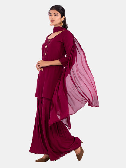 Golden kite Women's Rayon Solid Key Hole Neck Full Length Kurti Palazao and Dupatta Set With Embellished Lace Detail