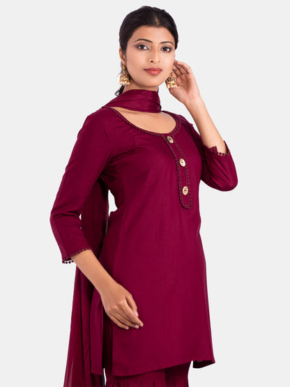 Golden kite Women's Rayon Solid Key Hole Neck Full Length Kurti Palazao and Dupatta Set With Embellished Lace Detail