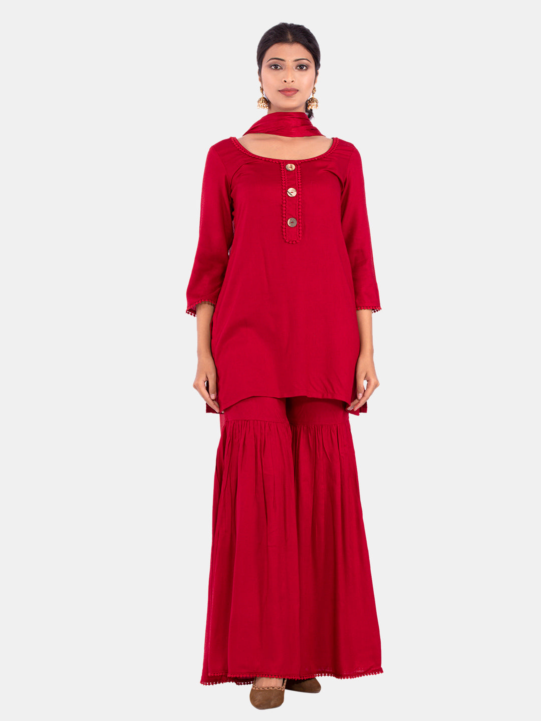 Golden kite Women's Rayon Solid Key Hole Neck Full Length Kurti Palazao and Dupatta Set With Embellished Lace Detail