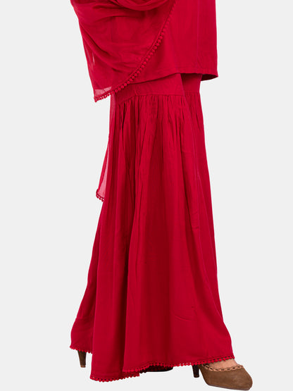 Golden kite Women's Rayon Solid Key Hole Neck Full Length Kurti Palazao and Dupatta Set With Embellished Lace Detail