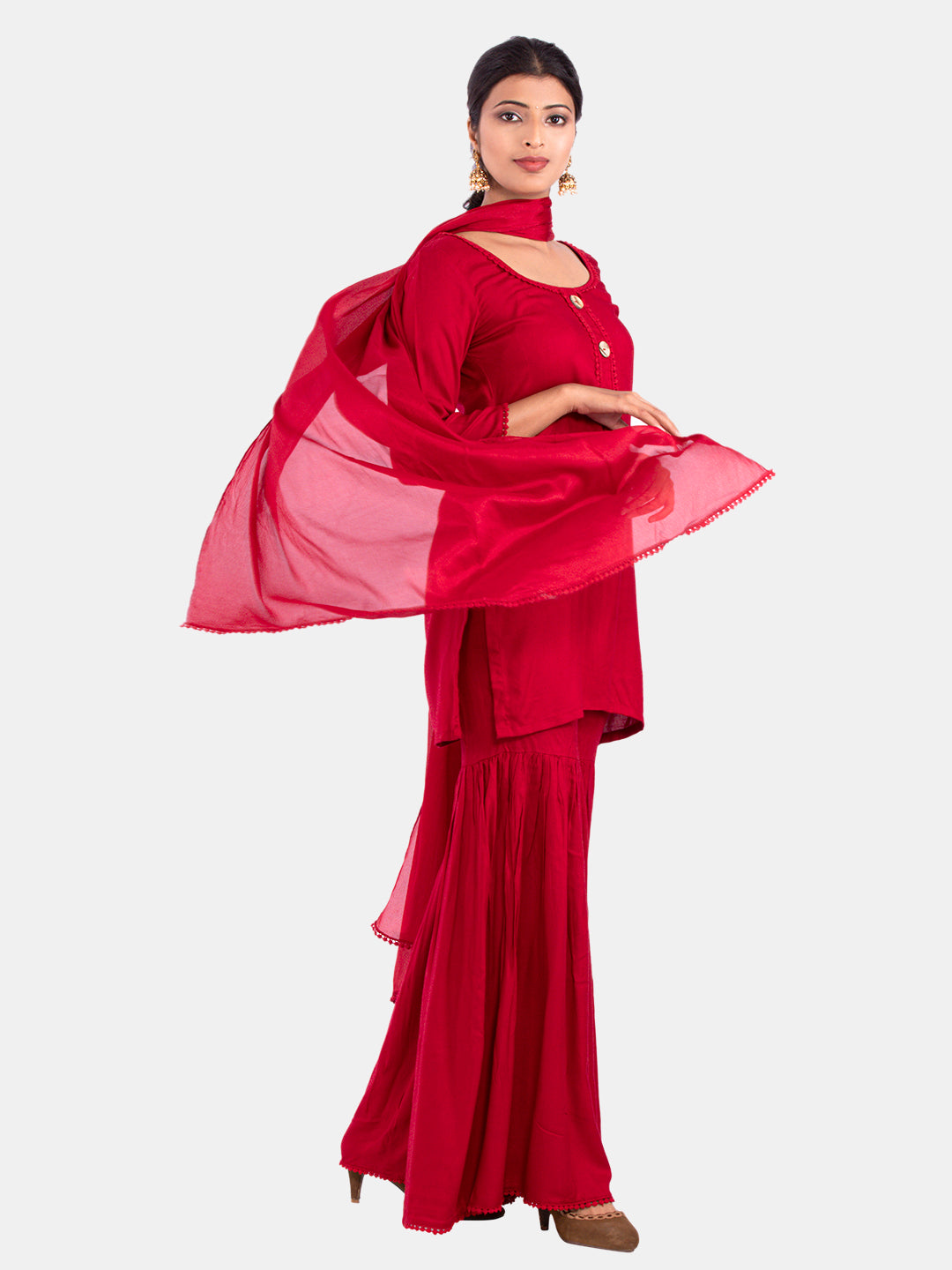 Golden kite Women's Rayon Solid Key Hole Neck Full Length Kurti Palazao and Dupatta Set With Embellished Lace Detail