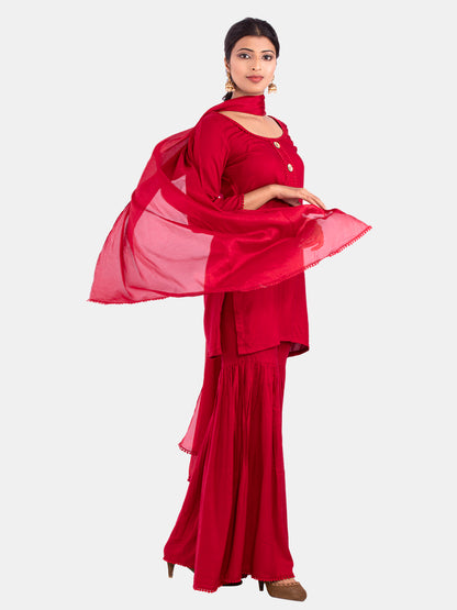 Golden kite Women's Rayon Solid Key Hole Neck Full Length Kurti Palazao and Dupatta Set With Embellished Lace Detail