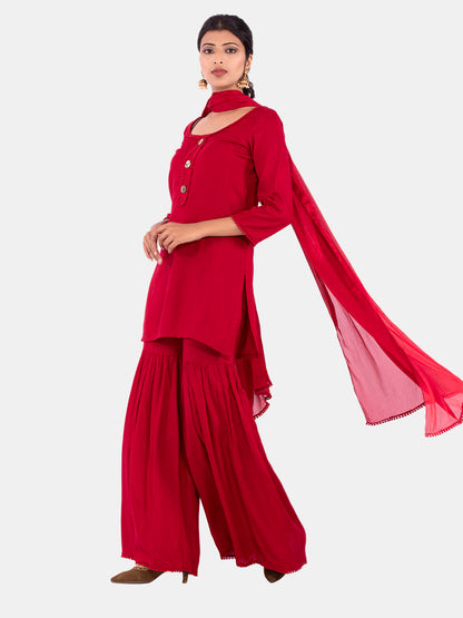 Golden kite Women's Rayon Solid Key Hole Neck Full Length Kurti Palazao and Dupatta Set With Embellished Lace Detail