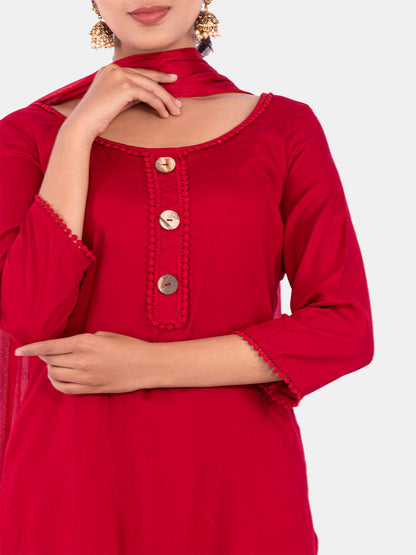 Golden kite Women's Rayon Solid Key Hole Neck Full Length Kurti Palazao and Dupatta Set With Embellished Lace Detail