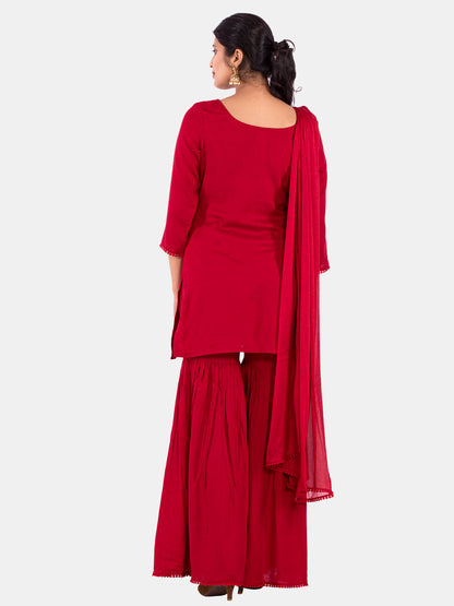 Golden kite Women's Rayon Solid Key Hole Neck Full Length Kurti Palazao and Dupatta Set With Embellished Lace Detail