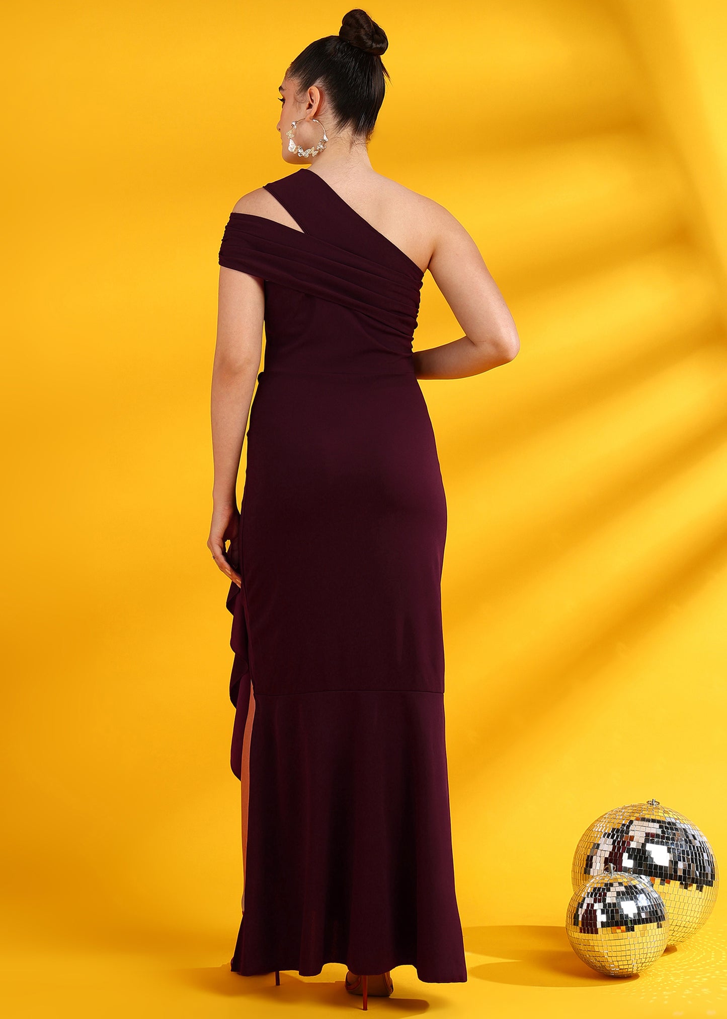 Golden Kite One Shoulder Front Ruffle Maxi Dress