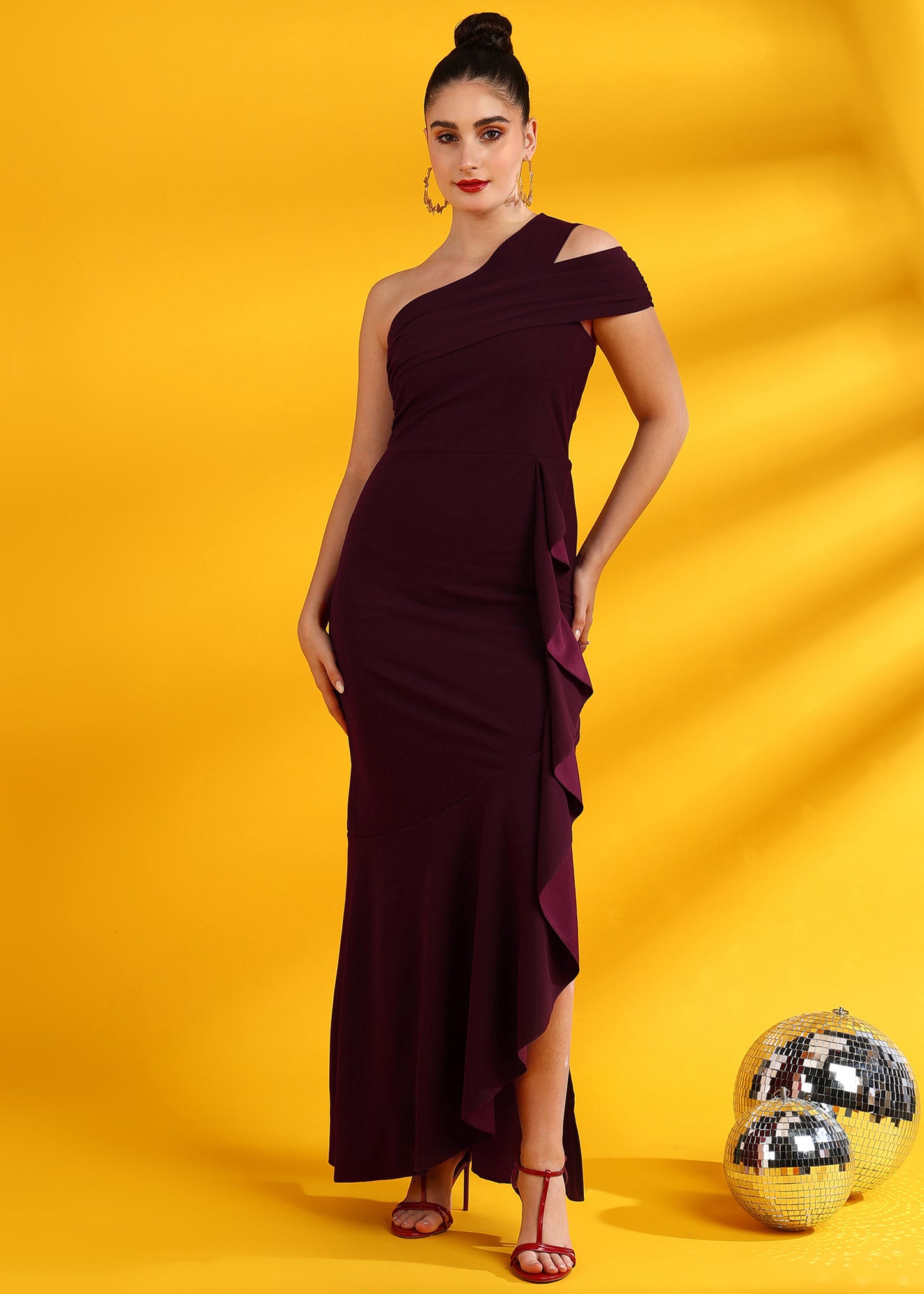 Golden Kite One Shoulder Front Ruffle Maxi Dress