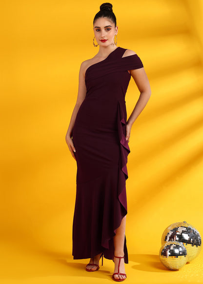 Golden Kite One Shoulder Front Ruffle Maxi Dress