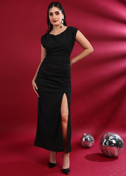 Golden Kite Pleated Shoulder Ruched Front Maxi Dress with Slit