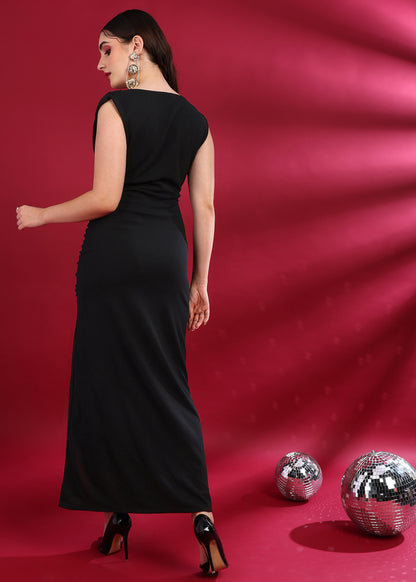 Golden Kite Pleated Shoulder Ruched Front Maxi Dress with Slit