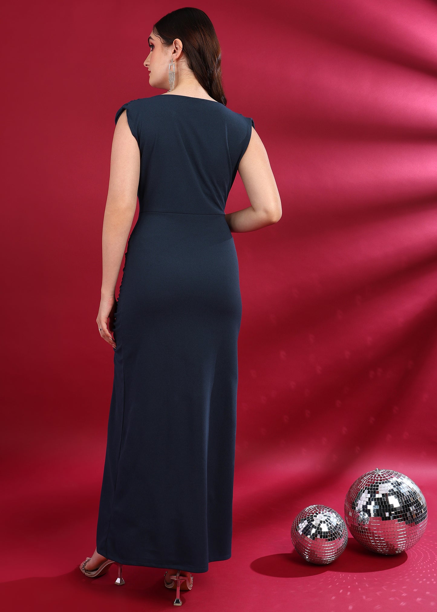 Golden Kite Pleated Shoulder Ruched Front Maxi Dress with Slit