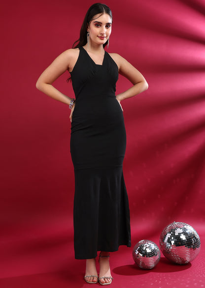 Golden Kite Women’s Front V-Neck Fish Cut Maxi Party Wear Dress with Back Bow Detail