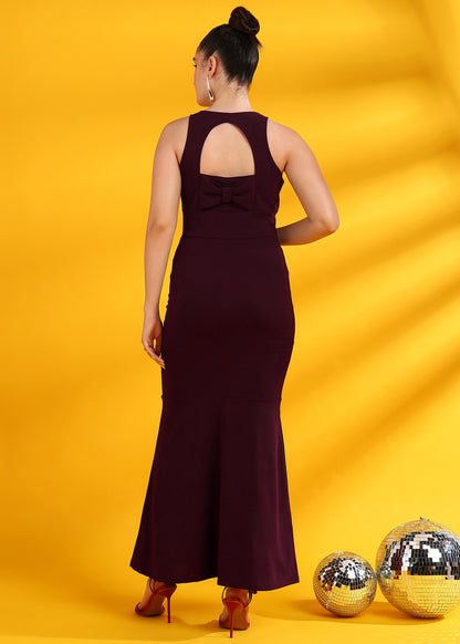 Golden Kite Women’s Front V-Neck Fish Cut Maxi Party Wear Dress with Back Bow Detail