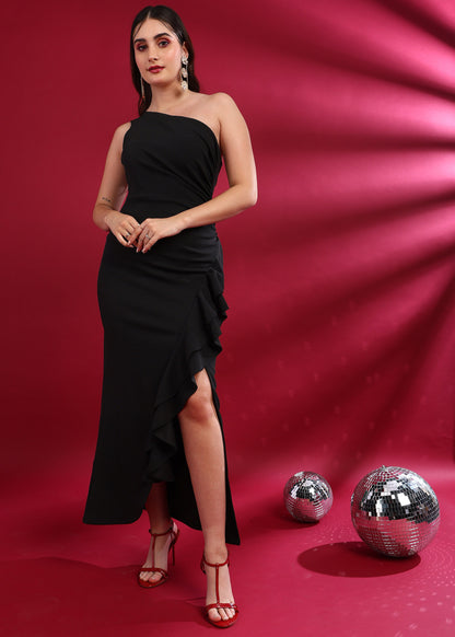 Golden Kite One-Shoulder Ruched Front Ruffle Maxi Dress