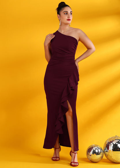 Golden Kite One-Shoulder Ruched Front Ruffle Maxi Dress