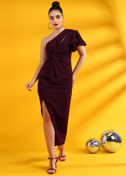 Golden Kite One-Shoulder Front Cut-Out Knot Party Dress with Flutter Sleeve