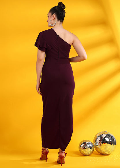 Golden Kite One-Shoulder Front Cut-Out Knot Party Dress with Flutter Sleeve