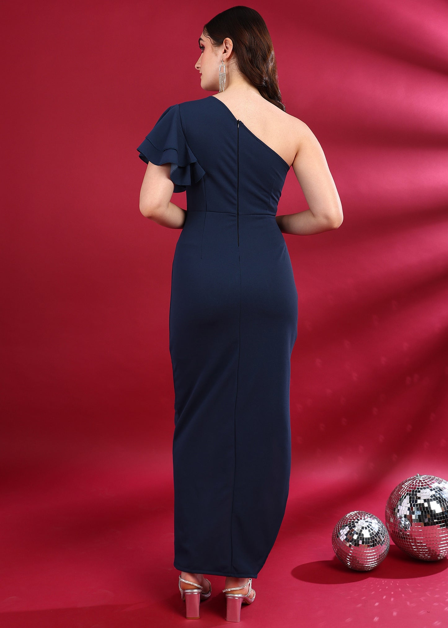 Golden Kite One-Shoulder Front Cut-Out Knot Party Dress with Flutter Sleeve