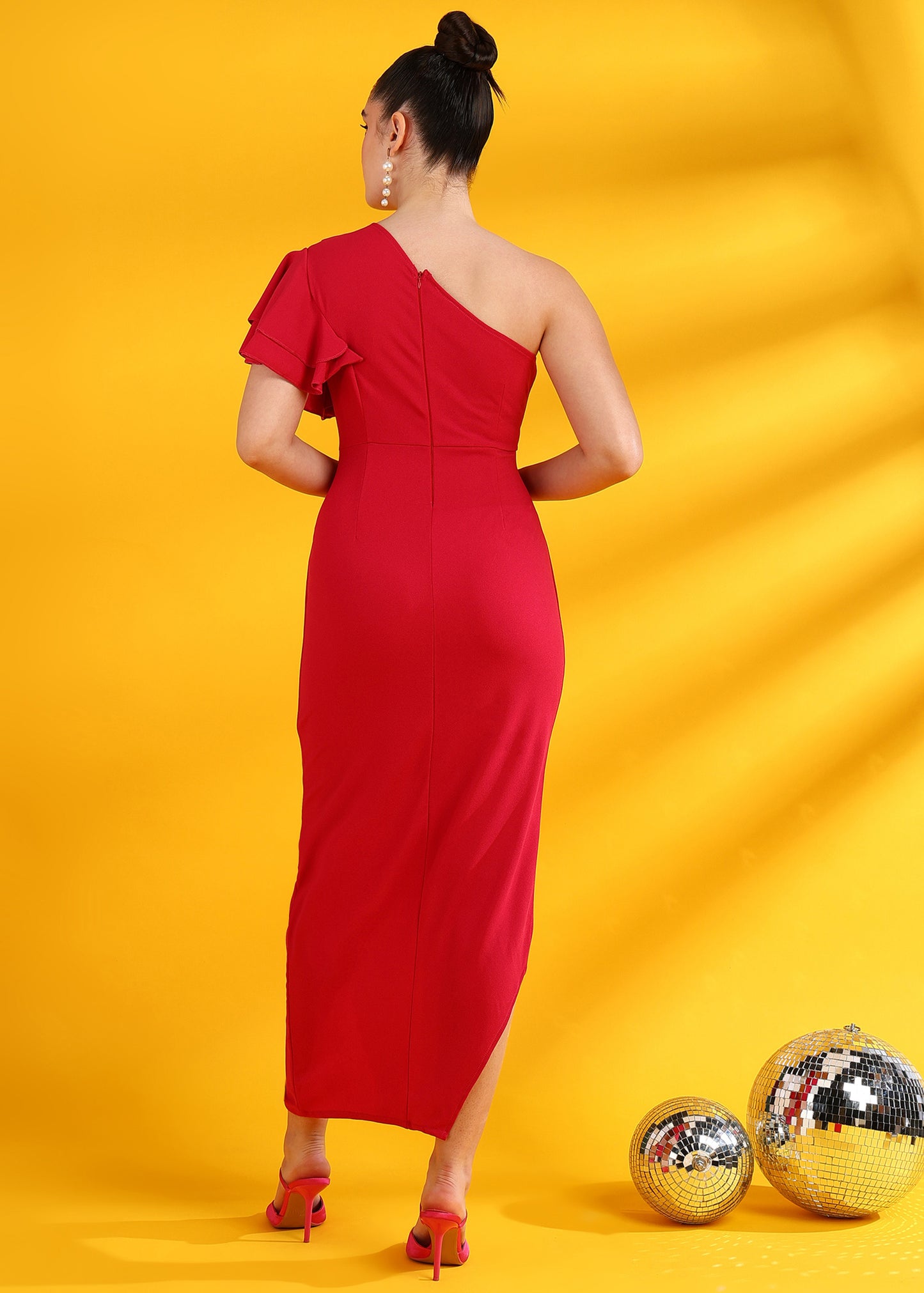 Golden Kite One-Shoulder Front Cut-Out Knot Party Dress with Flutter Sleeve