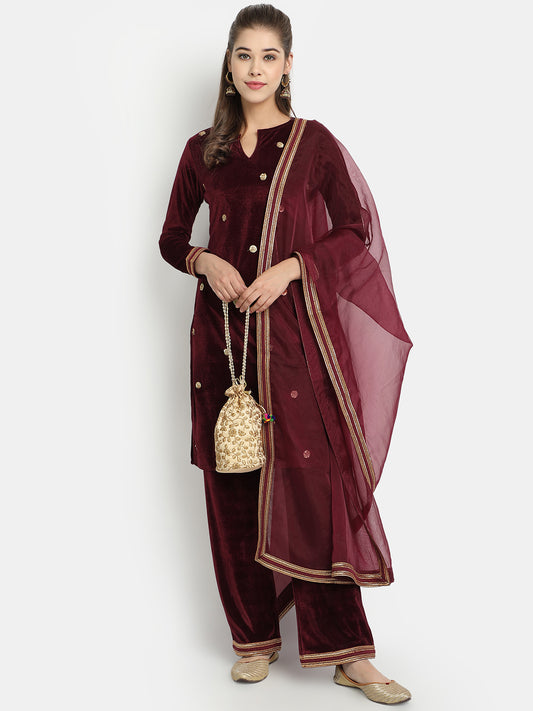 Golden Kite Velvet Embellished Kurta & Palazzos with Dupatta