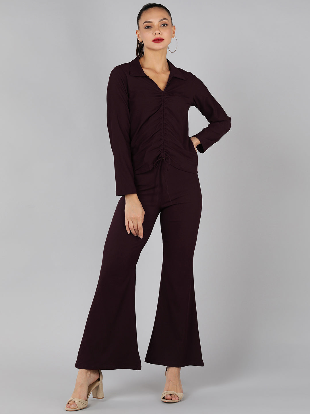 Golden Kite Green Solid Co-ordset , Collared shirt with a V-neck and long sleeves , featuring a gathered detail with adjustable ties at the front paired with flowing high waist trousers with an elastic waist band