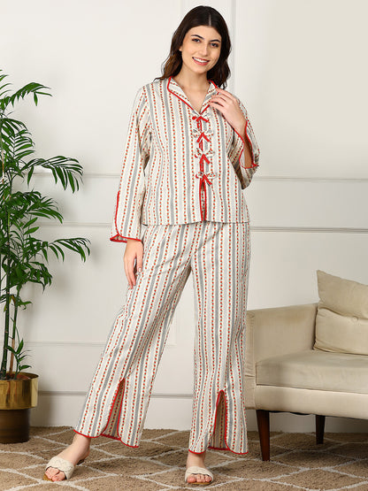 Golden Kite Women’s Cotton Heart Printed Night Suit with Contrast Piping Notch Collar, Piping & Pocket